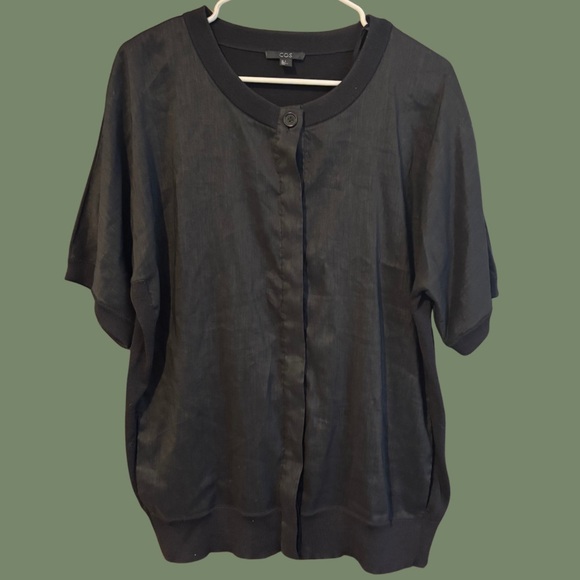 COS Black Linen Blend Short Sleeve Button Up Shirt Top Blouse Size L - Picture 1 of 7